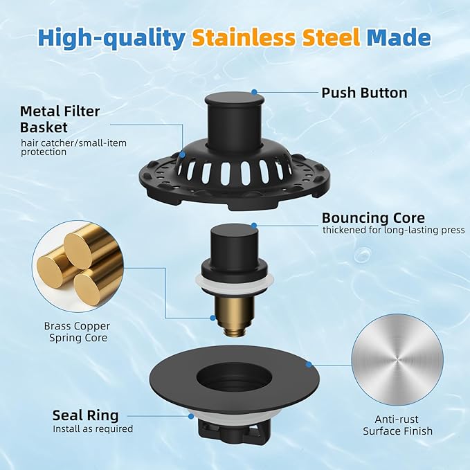 Universal Bathtub Drain Stopper Shower Hair Catcher Bathroom Sink Strainer, Tub Stopper with Visible Top Strainer, Brass Metal 3 in 1 Pop-up Stopper for Standard 1.1''~2.36'' Hole, Matte Black