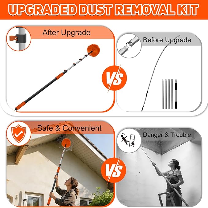 15FT Reach Cobweb Duster with Extension Pole - Spider Web Brush for Cleaning with 3-12FT 4-Section Flip-Lock Telescopic Pole, Effortlessly Cleans High Indoor & Outdoor Webs