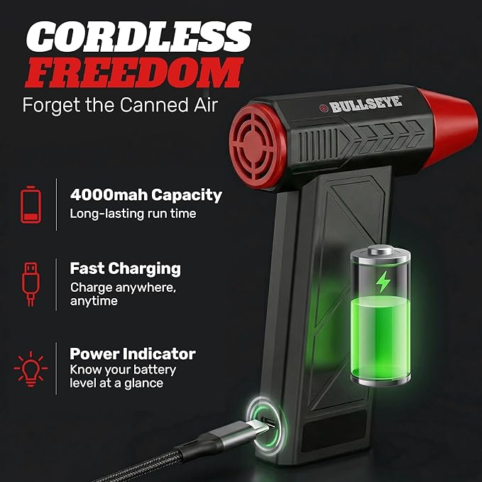 BULLSEYE Blaster 130000 RPM Electric Air Duster, Rechargeable Cordless Compressed Air Blower for Computer Cleaning, Keyboard, Electronics, Car Detailing, 3 Speed Turbo, 2 Nozzles – As Seen on TV