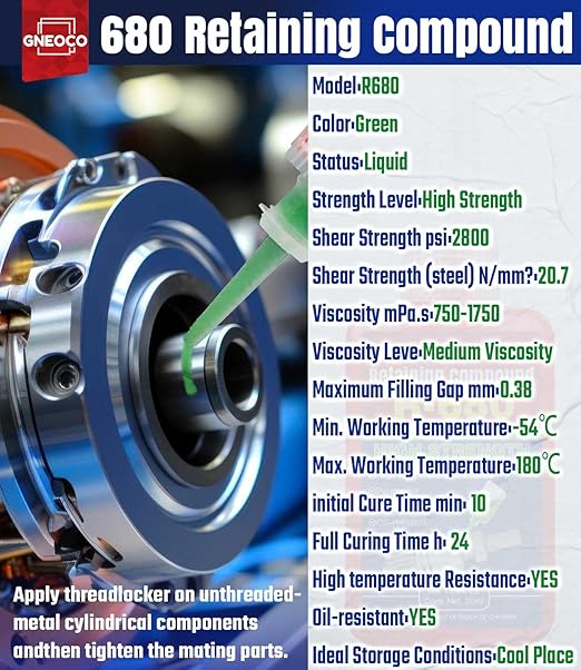 ThreadLocker Green, Thread Lock High Strength Lock Tight for Nuts, Bolts, Fasteners and Metals, Anaerobic Curing Metal Glue to Prevent Loosening and Corrosion (H680-50ml)