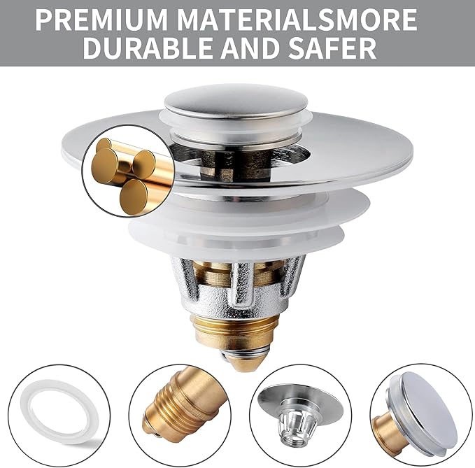 Fransiton Bathroom Sink Stopper, 1.1-1.77 Inch Basin Pop Up Sink Drain Stopper, Anti Clogging Drain Plug with Detachable Hair Catcher, Brushed Nickel