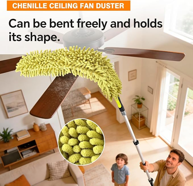 4-12Ft Telescoping Extension Pole Kit, 5-in-1 High Reach Duster with Chenille Window Squeegee Microfiber Feather Cobweb Duster for Ceiling Wall Hard-to-Reach Indoor & Outdoor Cleaning Yellow