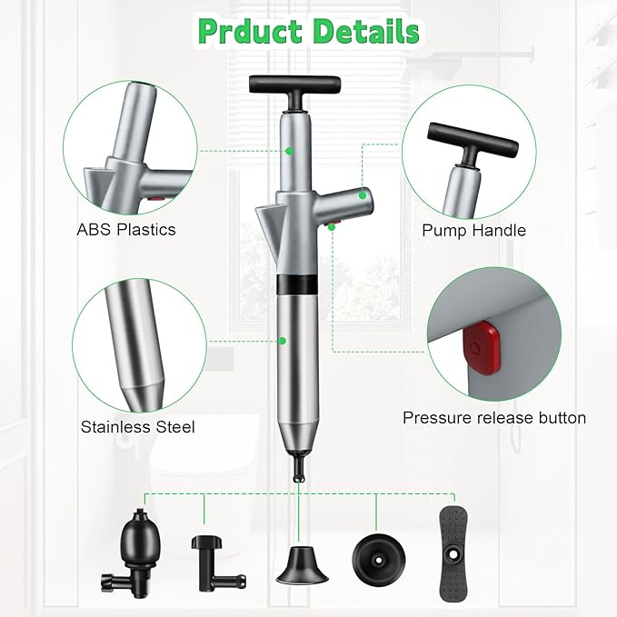 High Pressure Toilet Plunger, Toilet Snake Air Drain Blaster with Real -Time Barometer, Heavy Duty Drain Clog Remover for Bathroom, Floor, Shower, Kitchen Clogged (Gery-Manual)
