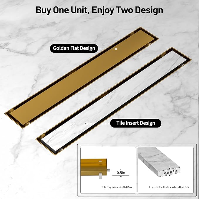 Linear Shower Drain, 304 Stainless Steel with Adjustable Leveling Feet, Hair Strainer,Reversely Install Place to Create an Invisible Floor Drain - Gold -54-Inch