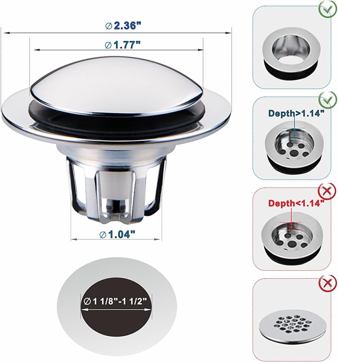 Chrome Bathroom Sink Drain Stopper,Welsan Universal Pop-Up Drain Stopper Plug Strainer with Hair Catcher for 1 1/8"-1 1/2" Drain Hole,Anti-Clogging Design Chrome Plated