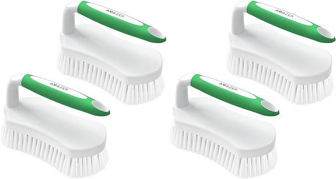 Amazer Scrub Brush for Cleaning Comfort Grip Shower Scrubber Stiff Bristles with Handle Heavy Duty Cleaner Brush for Tub Sink Carpet Floor - (Green+Green)(Pack of 4)