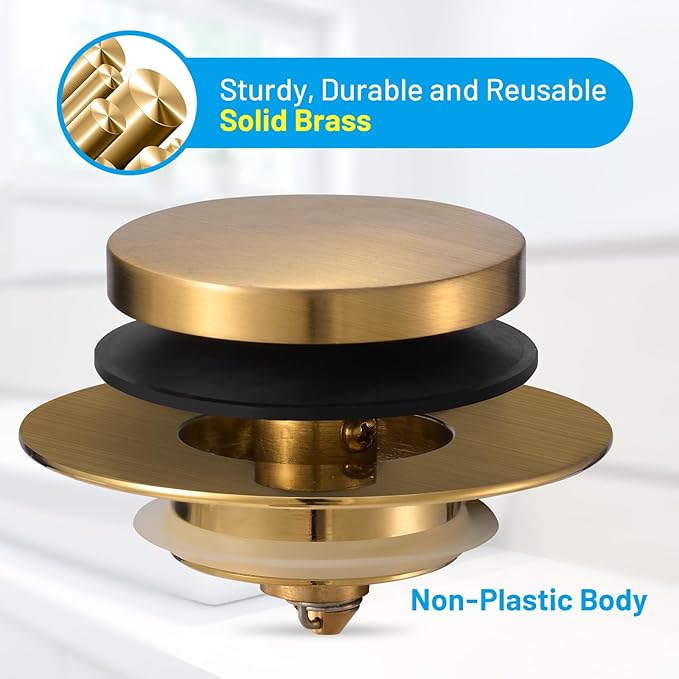 Bathtub Drain Stopper, Uxoz Universal Tub Stopper for Replacing Tip Toe/Trip Lever/Lift&Turn Tub Drain, Bath Tub Drain Stoppers Desiged for 1.5"-1.72" Drain Hole w/3 O-Rings, Gold