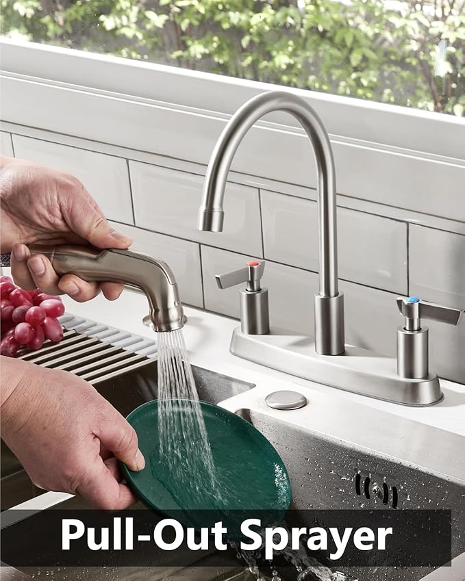 Kitchen Faucet with Sprayer 2 Handle Kitchen Sink Faucets 8 Inch Centerset 3 Hole with Supply Lines Brushed Nickel
