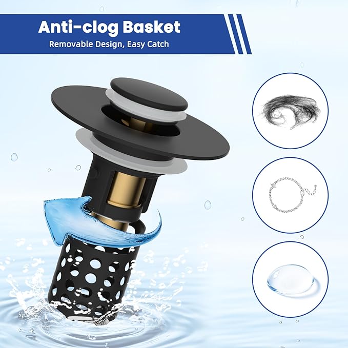 Universal Bathroom Sink Drain Strainer Hair Catcher 2PCS Upgraded with Removable Stainless Steel Filter Basket, 3 in 1 Pop Up Sink Stopper for 1.1''~2.36'' Sink Basin Hole, Matte Black
