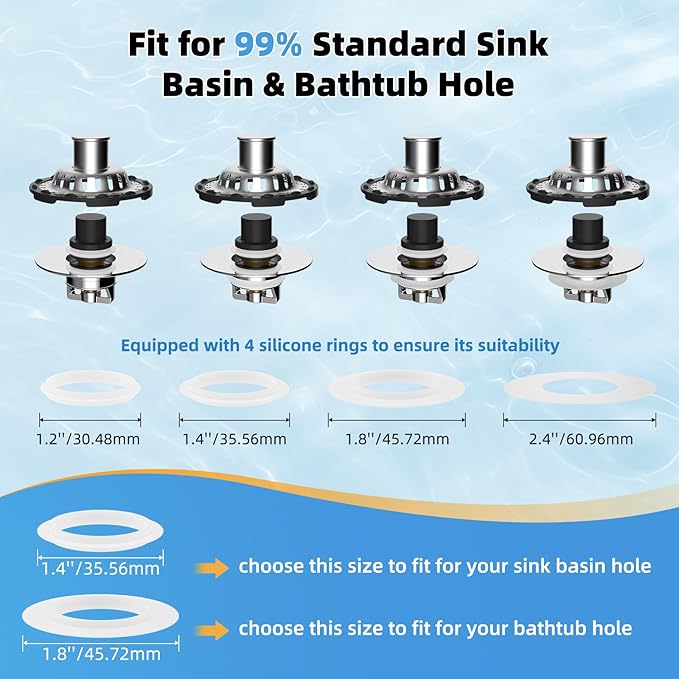 2PACK Universal Bathtub Drain Stopper Shower Hair Catcher Bathroom Sink Strainer, Tub Stopper with Visible Top Strainer, Brass Metal 3 in 1 Pop-up Stopper for Standard 1.1''~2.36'' Hole, Chrome