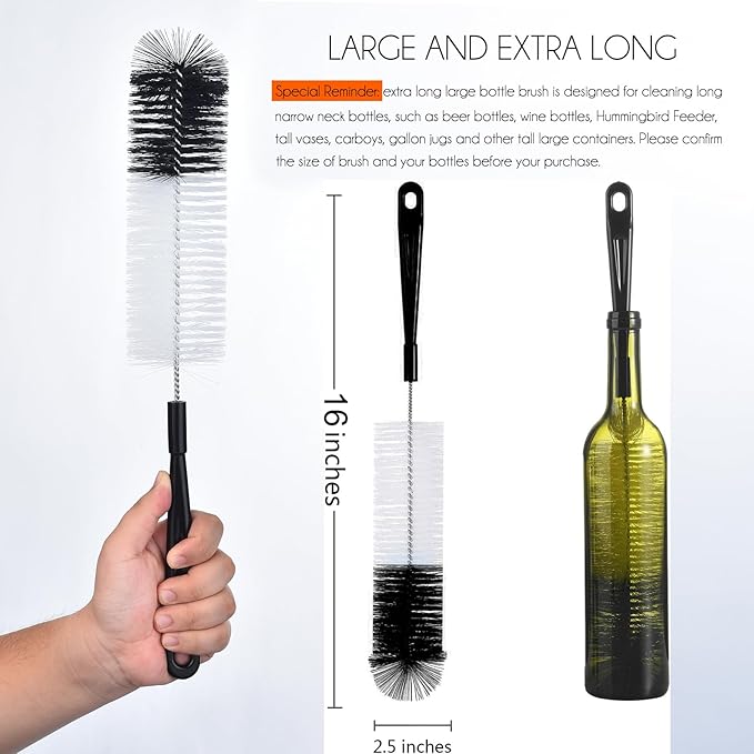 ALINK 16 inch Extra Long Black Bottle Cleaning Brush Cleaner for Washing Narrow Neck Beer/Wine/Thermos, Sport Well/Brewing Bottles/Hummingbird Feeder