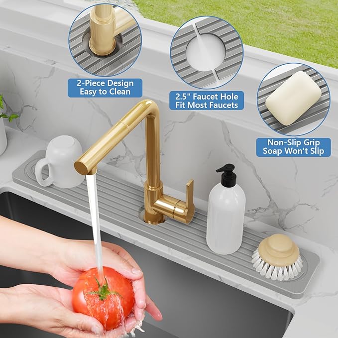 24'' Longer Faucet Mat for Kitchen Sink [Diatomite Stone Super Fast Drying] Stone Faucet Mat for Kitchen Sink Splash Guard Sink Stone Quick Dry around Faucet Stone Drying Mat Bathroom Quick Drying Mat
