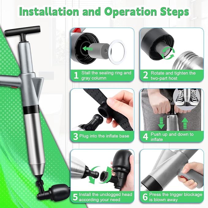 High Pressure Toilet Plunger, Toilet Snake Air Drain Blaster with Real -Time Barometer, Heavy Duty Drain Clog Remover for Bathroom, Floor, Shower, Kitchen Clogged (Gery-Manual)