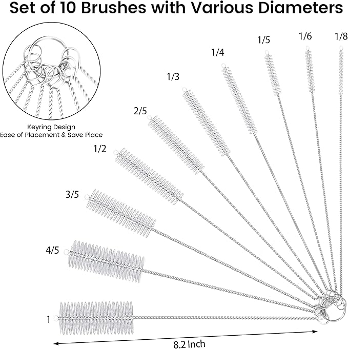 10 Pack Reusable Straw Cleaner Brushes, Assorted Sizes with Extra Long Stainless Steel Handles & Flexible Nylon Bristles, Straw Brush Cleaner for Tumblers, Sippy Cups, Bottles, Pipes & Tubes (White)