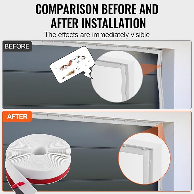 VEVOR Garage Door Seal Top and Sides Seal Strip, 34 FT Universal Weather Stripping Replacement Soft and Hard Composite, Weatherproofing Garage Door TPE Seals with Adhesive Backed and Screws, White