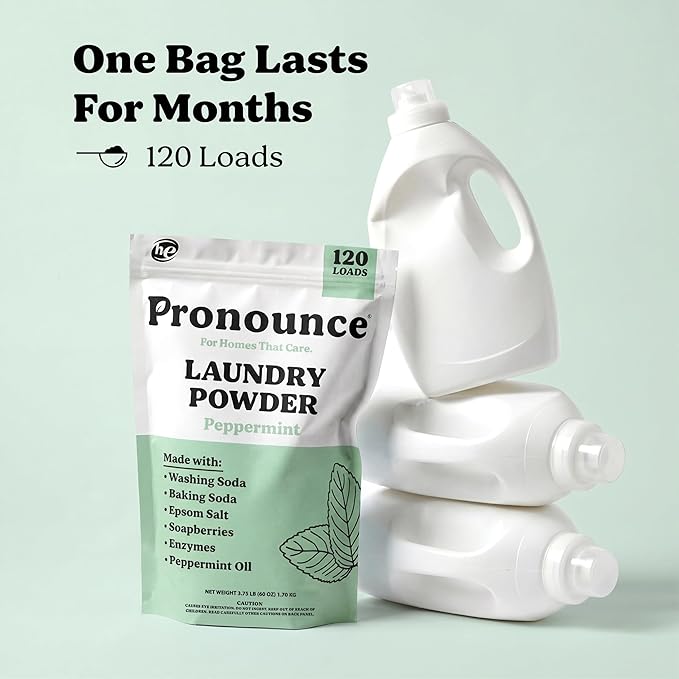 Pronounce Laundry Detergent Powder Alternative | Cleaner Ingredients. Safer for Sensitive Skin. Stain + Smell Fighting. With Essential Oils. HE Safe (Peppermint, 120 Loads)