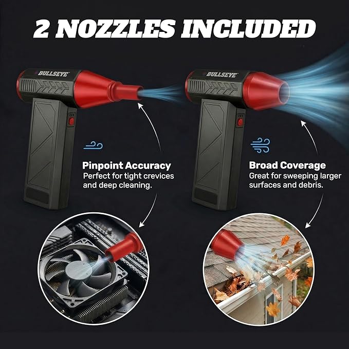 BULLSEYE Blaster 130000 RPM Electric Air Duster, Rechargeable Cordless Compressed Air Blower for Computer Cleaning, Keyboard, Electronics, Car Detailing, 3 Speed Turbo, 2 Nozzles – As Seen on TV