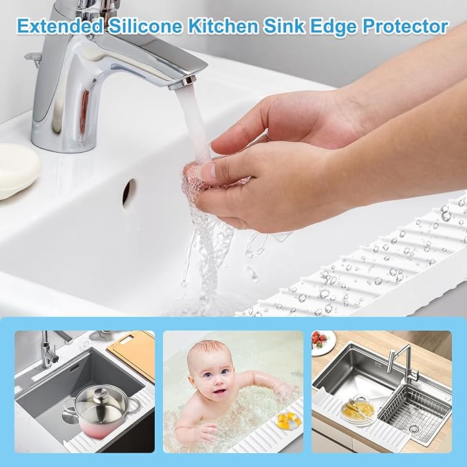 Silicone Faucet Splash Guard 4" x 30", Faucet Water Catcher Mat, Longer Silicone Sink Mat for Kitchen, Bathroom, Laundry Room, Farmhouse for Quartz Kitchen Sink（Transparent White）