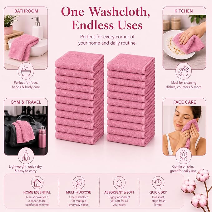 24 Pack Washcloths, 12x12 Lightweight Cleaning Towels, 100% Ring Spun Cotton, Bulk Utility Rags for Kitchen, Cleaning, Workshop, Garage, Reuseable and Long Lasting (Mauve/Dust Rose)