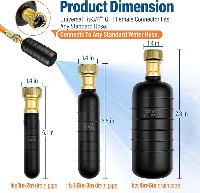 3 Pack Drain Bladder Kit, Rubber Drain Cleaning Bladder Fits 1”–6” Pipes, Unclogger for Sinks, Showers, Bathtubs, Pools, Main Drains & Outdoor Sewer Lines