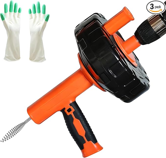 Auto Feed Drain Auger with Drill Adapter, 33 Feet Drain Snake Hair Clog Remover, Manual or Powered Plumbing Snake Drain Cleaner for Bathroom, Shower, Kitchen Sink, Comes with Gloves