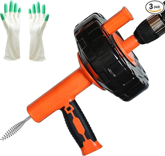 Auto Feed Drain Auger with Drill Adapter, 33 Feet Drain Snake Hair Clog Remover, Manual or Powered Plumbing Snake Drain Cleaner for Bathroom, Shower, Kitchen Sink, Comes with Gloves
