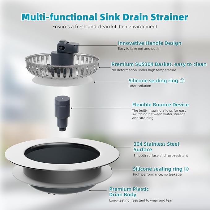 Hibbent 3 in 1 Kitchen Sink Drain Strainer, Stainless Steel Wrapped Shell Drain Stopper Combo, Pop Up Sink Stopper, Stainless Steel Anti-Clogging Basket Strainer for US Standard 3-1/2" Drain