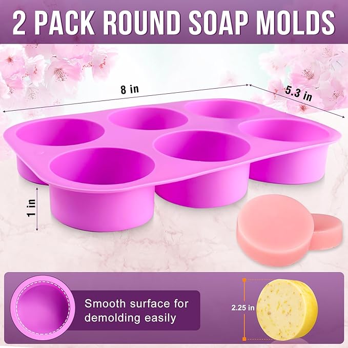 Walfos Round Silicone Soap Molds,Silicone Soap Molds,BPA Free and Non-Stick Circular Soap Mold,Perfect for Soap,Candles,Cookies,Oreos,Candy,Pudding,Jello.Set of 2 (Purple)