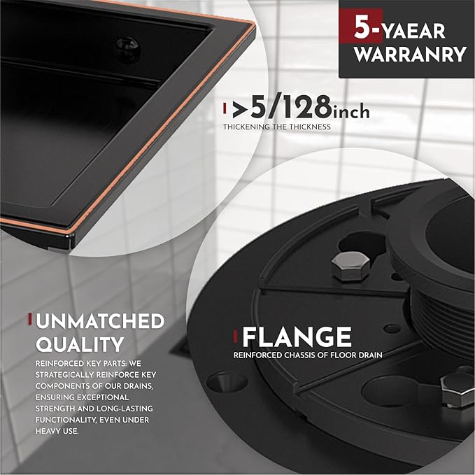 WEBANG 6 Inch Square Shower Drain Bronze Floor Drain with Flange Reversible 2-in-1 Cover Tile Insert Grate Removable SUS304 Stainless Steel CUPC Certified Oil Rubbed Bronze