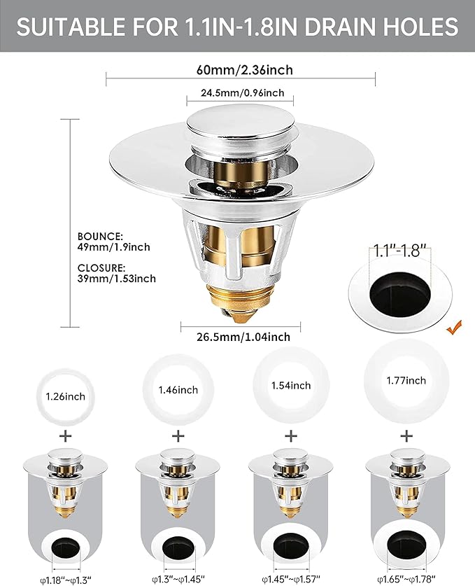 Fransiton Bathroom Sink Stopper, 1.1-1.77 Inch Basin Pop Up Sink Drain Stopper, Anti Clogging Drain Plug with Detachable Hair Catcher, Chrome