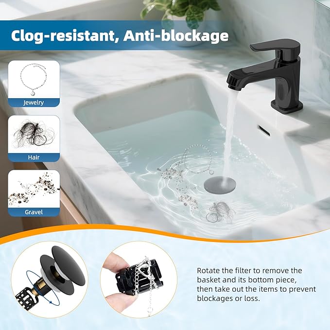 Hibbent Upgraded 3 in 1 Bathroom Sink Drain Strainer, Pop Up Sink Stopper with Big Push Cap, Anti-Clogging Metal Filter Basket,Sink Plug with Hair Catcher for 1.1''~2.36'' Basin, Matte Black