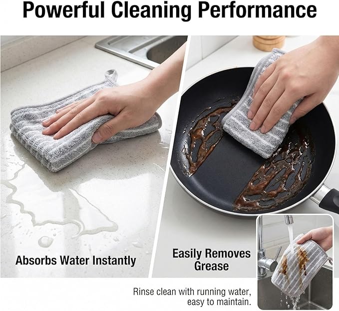 6 PCS Kitchen Cloth Dish Towels Thick Absorbent Cleaning Towels for Kitchen Non Oil Staining Durable Non Shedding Dish Cloths Ideal for Table Wiping Home Use and wet and dry use Dish Drying rag ﻿