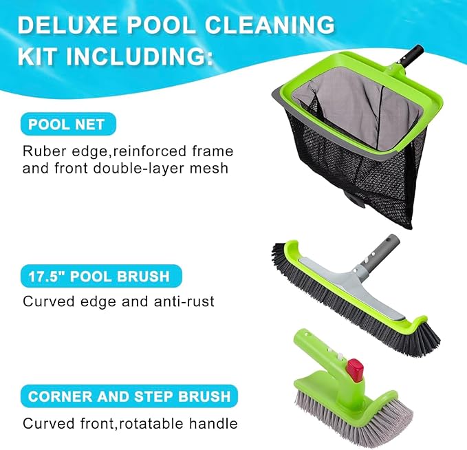 Sepetrel 3-Piece Pool Cleaning Kit -Pool Skimmer Net, 17.5" Aluminum Pool Wall Brush & 90° Rotatable Hand Scrub Brush for Steps, Corners, Vinyl Liners(No Pole)