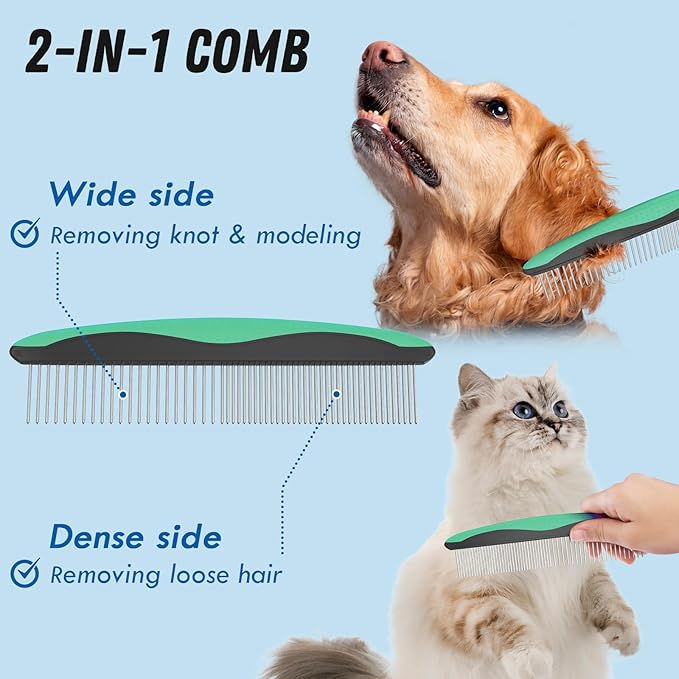 Docrok Pet Grooming Brush and Metal Comb Combo, Cat Brush Dog Brush for Shedding, Undercoat Rake for Dogs Grooming, Dematting Deshedding Brush Dogs Shedding Tool for Long matted Haired Pets, Green