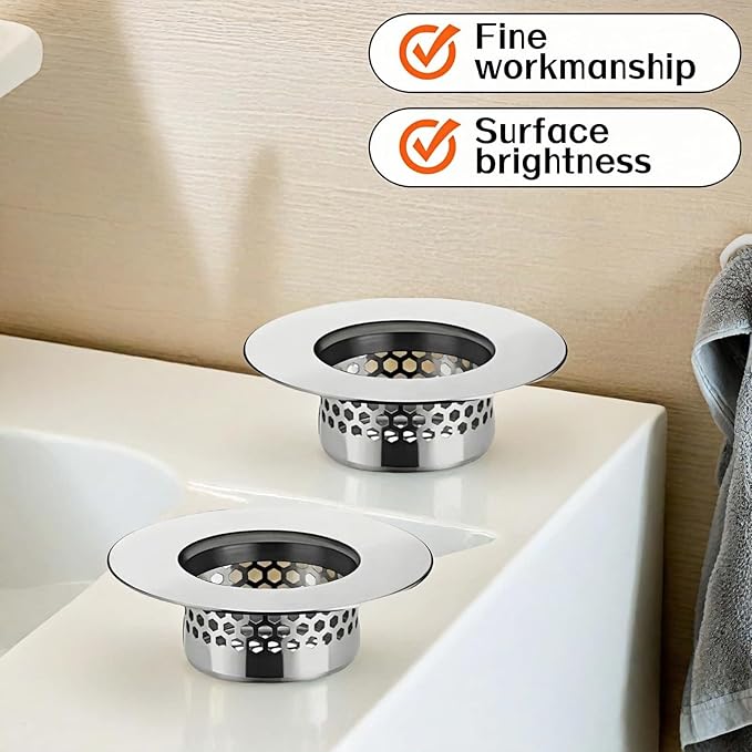 Bathroom Sink & Bathtub Drain Filter Strainer Set - 2 Pack Hair Catcher with Universal 1.25-1.6 Inch Drain Cover for Shower, Vanity, RV Sink - Anti-Clog, Easy-Clean, Gap-Free Design