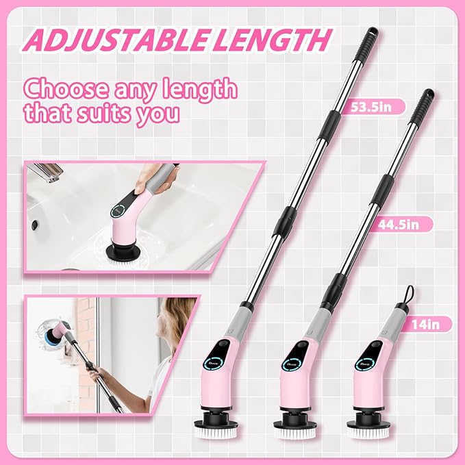 Electric Spin Scrubber, Cordless Cleaning Brush, Shower Scrubber with 8 Replaceable Brush Head, Power Cleaning Brush with Extension Handle, 2 Adjustable Speed, for Bathtub Tile Floor