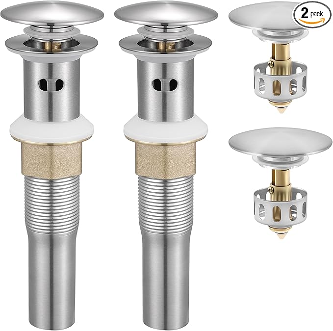 KES Bathroom Sink Drain Stopper with Overflow, Pop Up Drain with Detachable Hair Catcher for Lavatory Vanity Vessel Sink, Brushed Nickel 2 Pack, All Metal Rustproof 304 Stainless Steel, S2013A-BN-P2