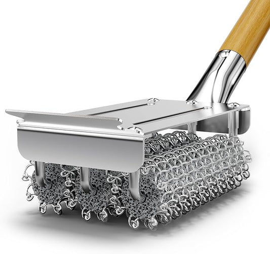 HOUSE AGAIN Grill Brush Bristle Free, Stainless Steel Food-Grade Brush Head with Scraper, Safe BBQ Outdoor Grill Cleaning Brush Barbecue Steam Grill Cleaner Non Wire for Grill Grate/Long Wood Handle
