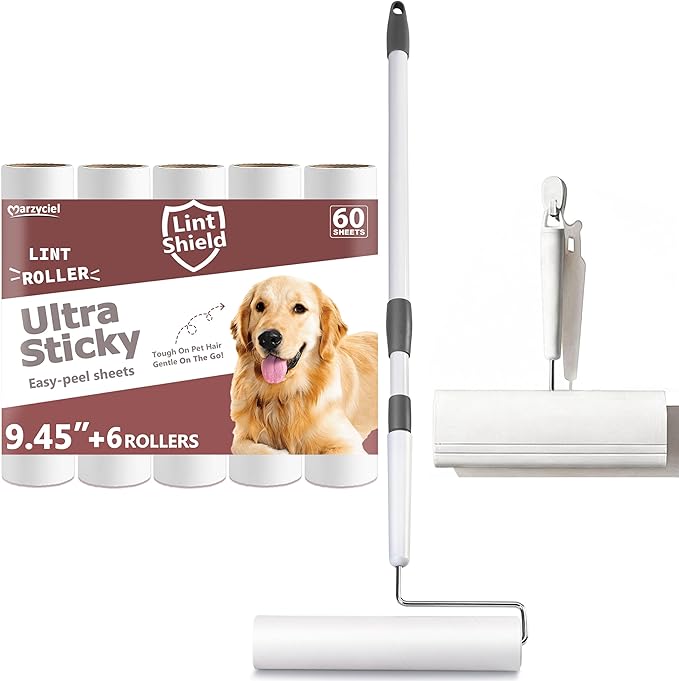 Large Lint Rollers for Pet Hair Extra Sticky, 9.45'' Long Handled Giant Lint Roller,6 Replaceable Rolls for Cleaning Carpets, Clothing, Couch, Furniture Wall Cleaner Mop Dust Remover