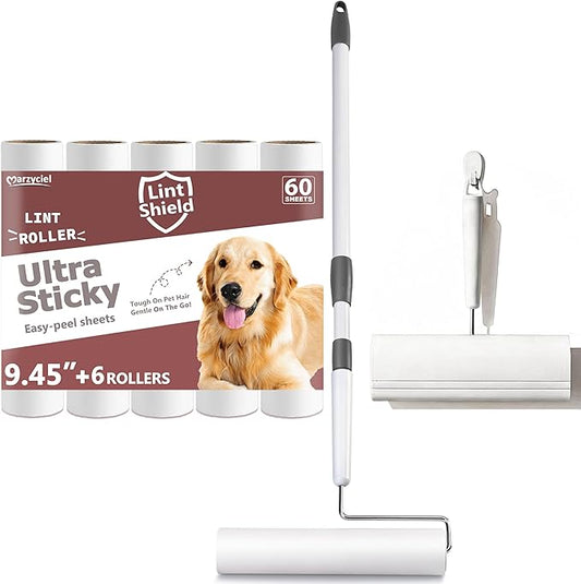 Large Lint Rollers for Pet Hair Extra Sticky, 9.45'' Long Handled Giant Lint Roller,6 Replaceable Rolls for Cleaning Carpets, Clothing, Couch, Furniture Wall Cleaner Mop Dust Remover