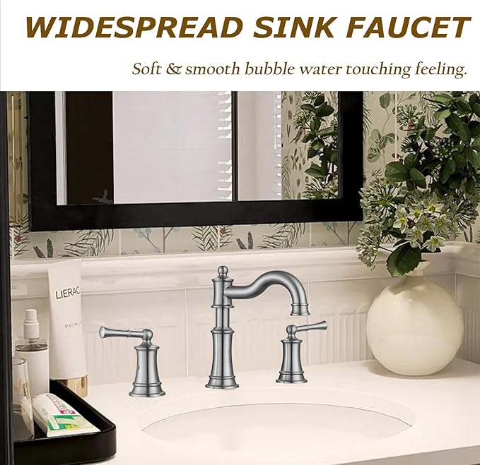 Roman Bathroom Sink Faucet Deck Mount or Wall Mount Installation Pop-up Drain Assembly with Overflow Deck Plate and Water Supply Lines Included (3 Hole Deck Mount, Brushed Nickel)