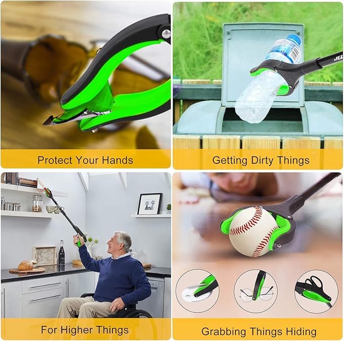 Jellas 2-Pack 32 Inch Grabber Reacher Tool with Magnetic Tip, Reacher Grabber with 360 Degrees Rotating Jaw, Grabber with Shoehorn for Elderly, Trash Picker Tool for Outdoor & Indoor (Green)