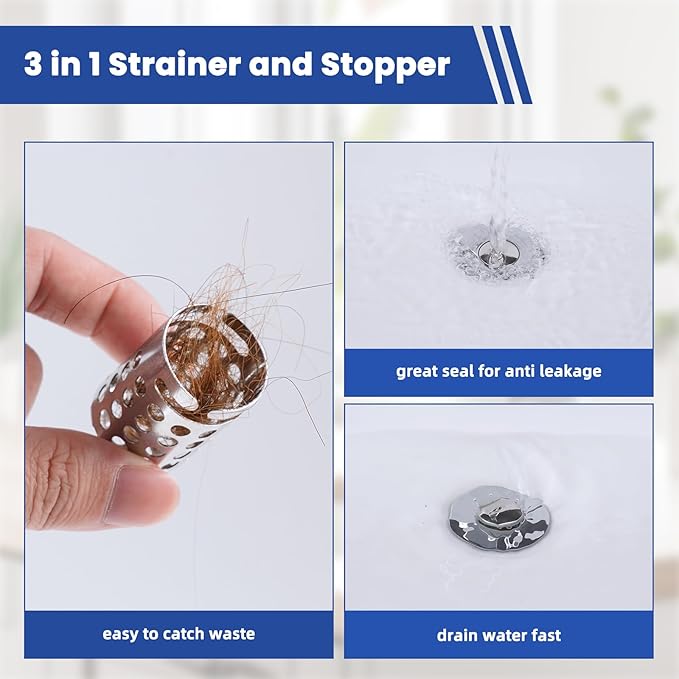 Universal Bathroom Sink Drain Strainer Hair Catcher Upgraded with Removable Stainless Steel Filter Basket, 3 in 1 Pop Up Sink Stopper for 1.1''~2.36'' Sink Basin Hole, Chrome