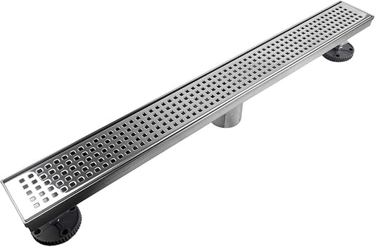 Neodrain 36-Inch Linear Shower Drain with Removable Quadrato Pattern Grate Cover, Polished 304 Stainless Steel Shower Linear Drain, Chrome Bathroom Floor Drainage &Leveling Feet, Hair Strainer, CUPC