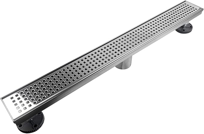 Neodrain Chrome 24-Inch Linear Shower Drain with Removable Quadrato Pattern Grate, Polished 304 Stainless Steel Rectangular Shower Floor Drain,with Leveling Feet, Hair Strainer