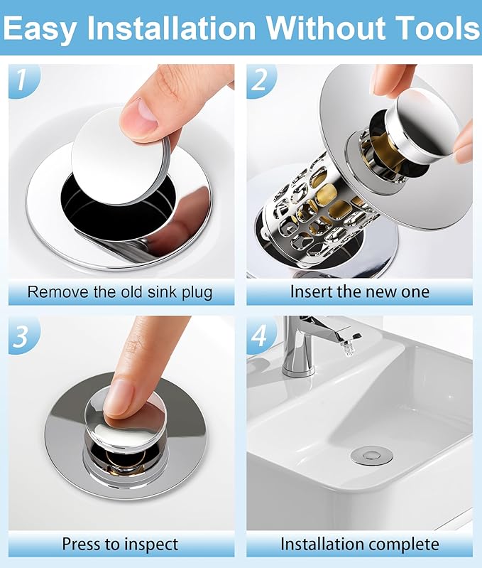 Upgraded Bathroom Sink Stopper – Universal Pop-Up Drain Plug with Anti-Clog Hair Catcher, Durable Stainless Steel & Silicone Seal, Fits Standard 1.1-1.5 Inch Sink Drains, Silver