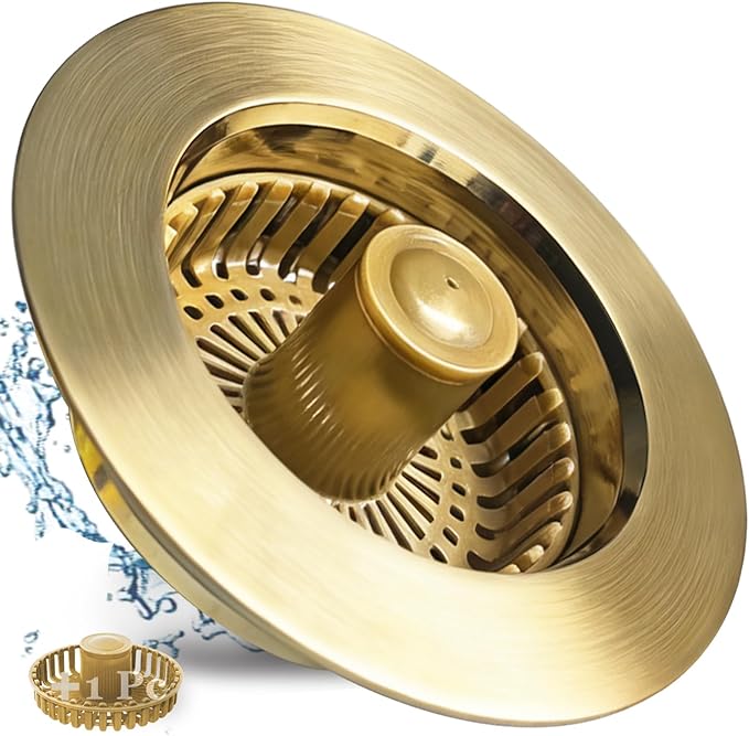 Kitchen Sink Drain Strainer, 3 in 1 Pop up Kitchen Sink Stopper, with an Extra Basket Strainer, for US Standard 3-1/2 Inch Drain, Copper Material, Brushed Gold