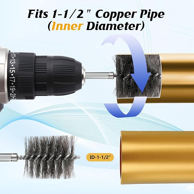 1-1/2'' Copper Pipe Cleaner for Drill Set Includes External Stainless Steel Wire Bore Brushes, Internal Tube Cleaning Brushes, Replacement Plumbing Tools (3 Pcs)