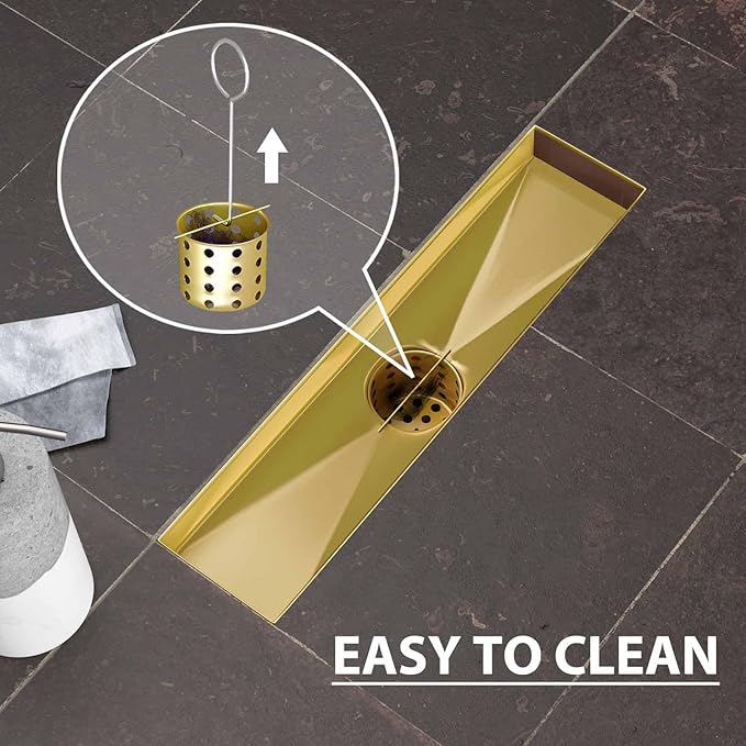 SaniteModar Linear Shower Drain, Gold Shower Drain 12 inch with Removable Grate,Brushed 304 Stainless Steel Linear Drain with Hair Strainer & Leveling Feet