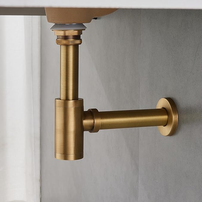 Solid Brass Bathroom Sink P-Trap Complete Set, Adjustable 1-1/4 Bottle Trap with Pop Up Drain Stopper without Overflow, Antique